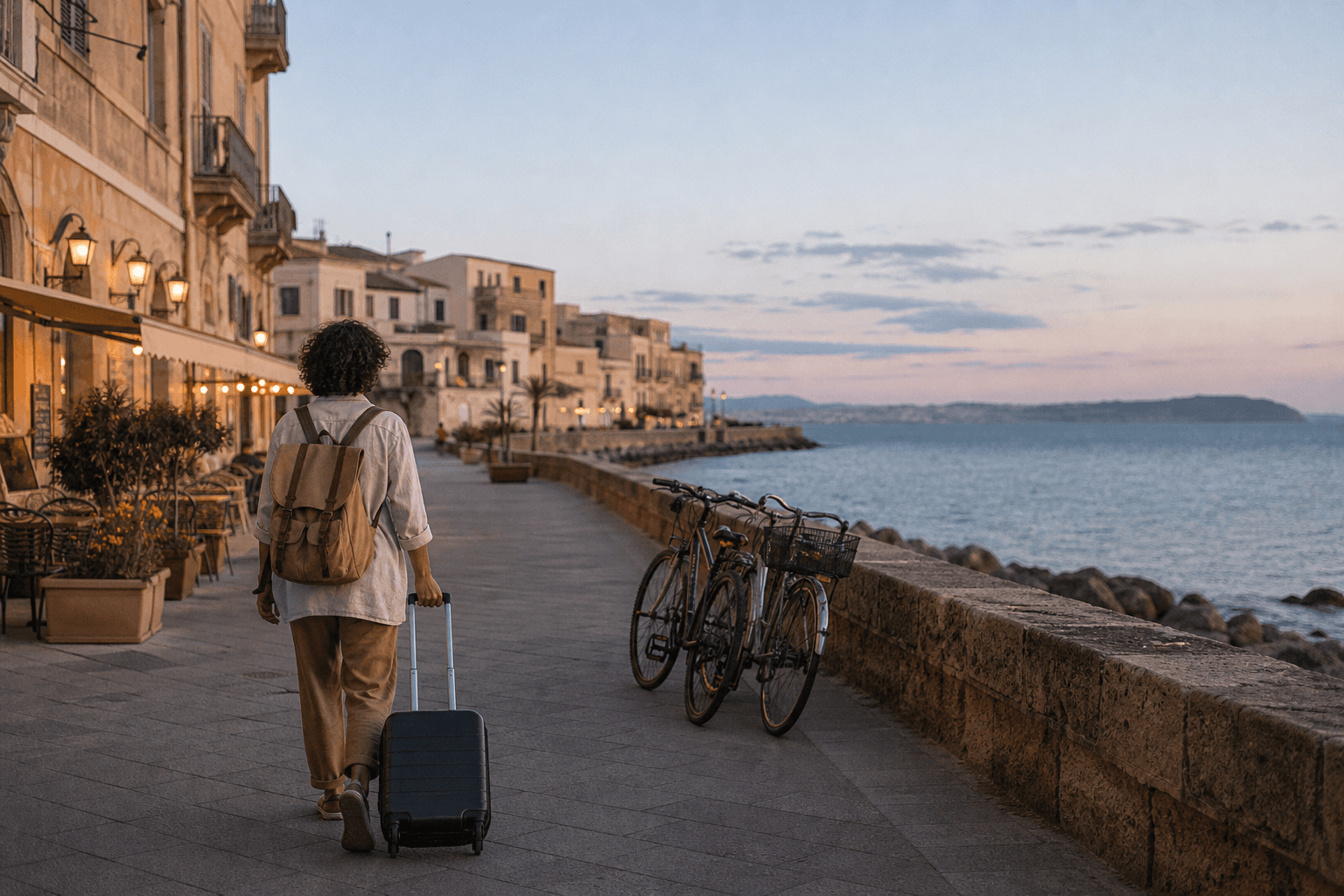 Traveller walking on a Mediterranean seafront