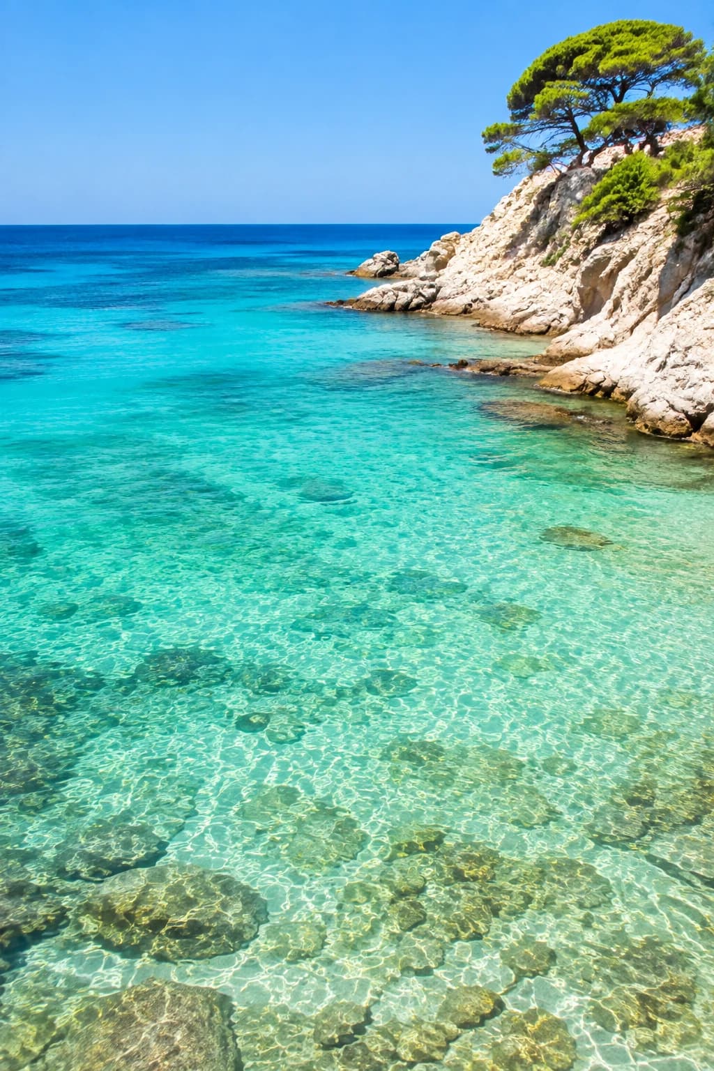 Sunlit Mediterranean cove with clear turquoise water, pale rocks and pine trees