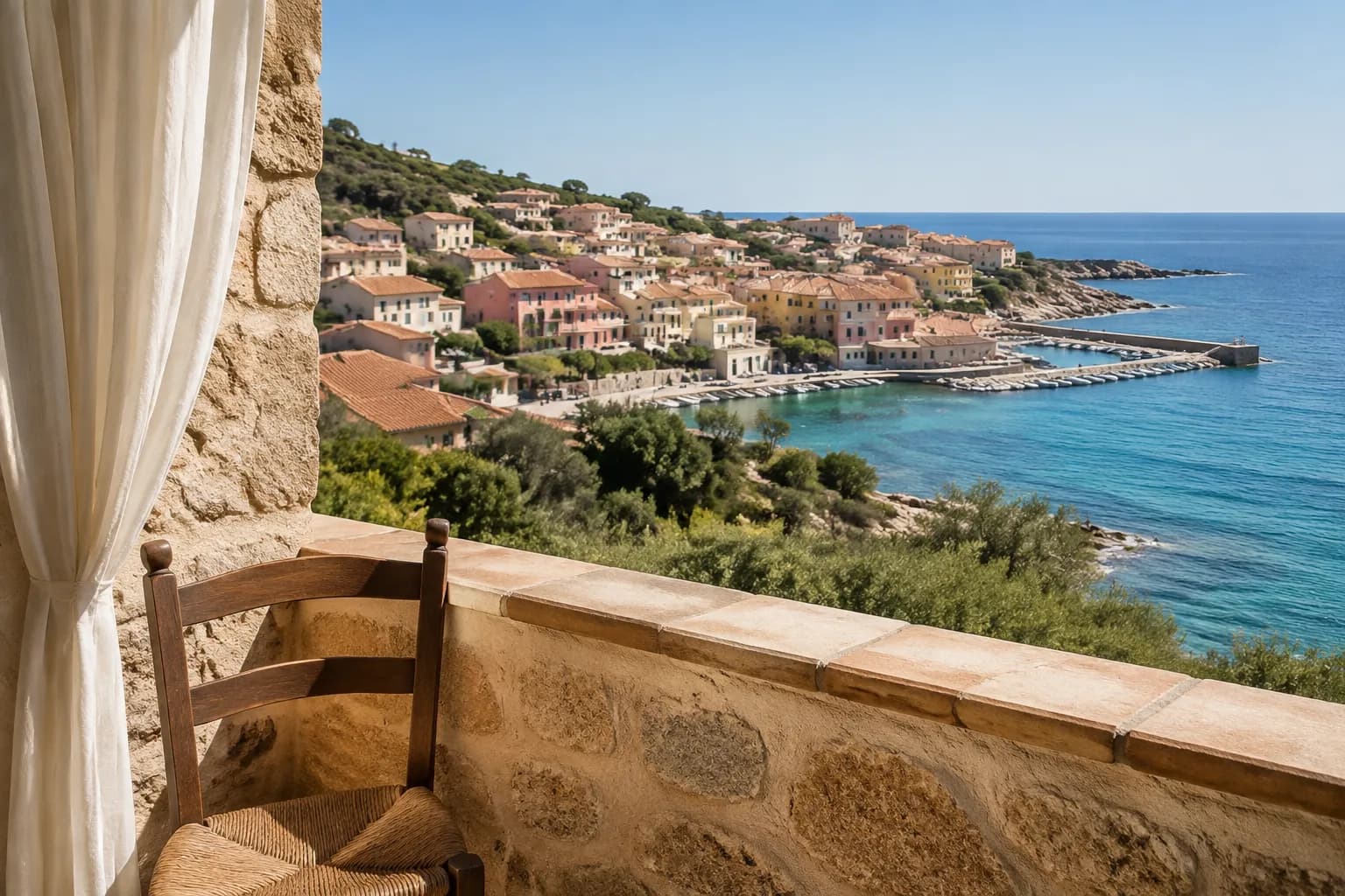 Balcony overlooking a Mediterranean coastal town